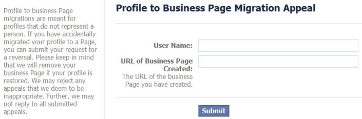 profile to business page migration appeal